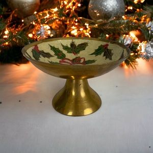 Christmas Vintage Enamel Brass Cloisonne Holly Bells Ribbons Dish 5" Wide India